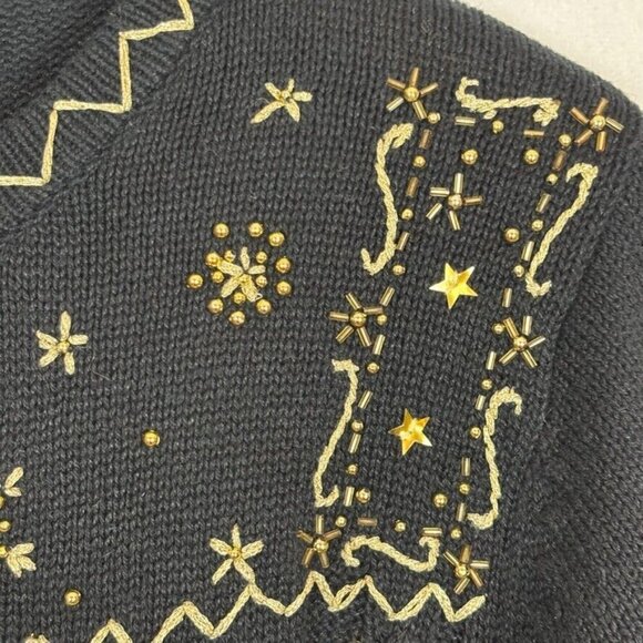 All Points by Reference Point Women's Black Gold embroidered beaded cardigan L - Picture 2 of 12